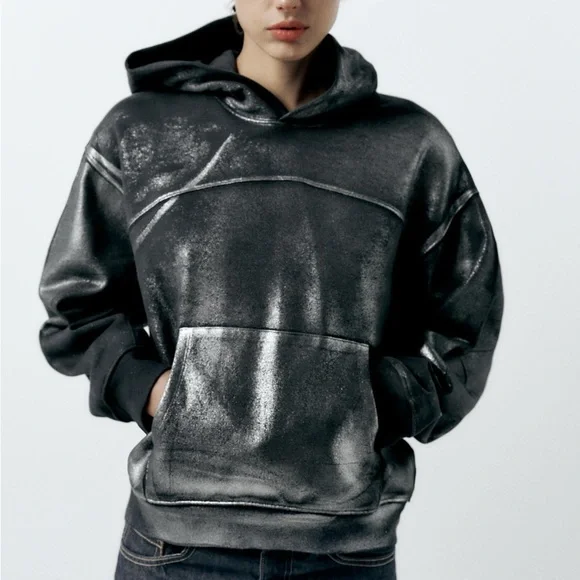 Zara Metallic Hoodie Sweatshirt - Picture 2 of 10